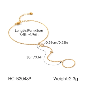 Detailed specs of gold slave bracelet with three round cubic zirconia and dimensions