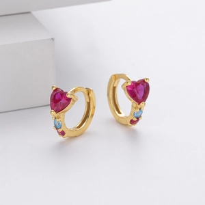 S925 sterling silver hoop earrings with heart-shaped ruby stones in a gold finish