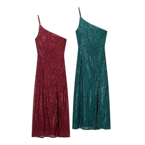 Sequin Maxi Dress One Shoulder Side Slit Sexy Sparkly Sleeveless Party Evening Long Club Prom Gown For Women