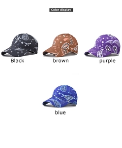 Four-color display of paisley print baseball caps in black, brown, purple, and blue colors