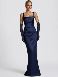 Satin Maxi Dress Square Neck Pleated Evening Gown With Mesh Gloves And Streamer Slim Fit Elegant Formal Party