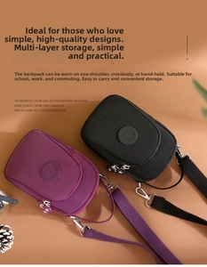 Detailed view of nylon mini crossbody bags in purple and black with adjustable straps