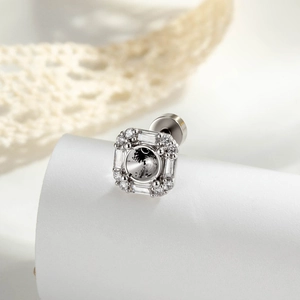 Silver square stud earring with rectangular clear zircon and screw back for piercings