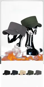 Detailed flat top military caps with metallic sports style badges in five distinct colors