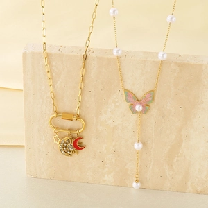 18K gold-plated stainless steel layered necklaces with moon pendants and butterfly charm