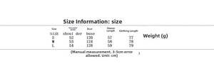 Detailed size chart for striped two-piece set including shoulder and bust measurements