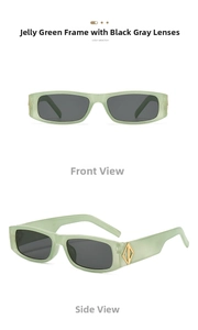 Detail view of jelly green rectangular sunglasses with golden diamond metal accents
