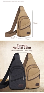 Close-up of canvas chest bag with multiple zip compartments and logo detail