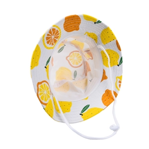 Detail of kids bucket hat with lemon print and adjustable white windproof chin strap
