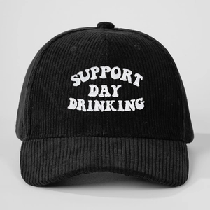Black corduroy baseball cap with Support Day Drinking white embroidery and vintage style