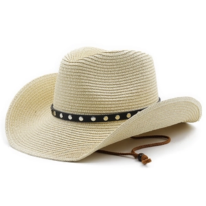 Bohemian straw cowboy hat in beige featuring metallic studs and adjustable chin strap