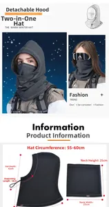 Detalle de dimensiones del calentador de cuello de forro polar gris y capucha con cordones ajustables