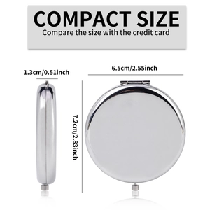 Compact round silver folding makeup mirror with detailed dimensions on white background
