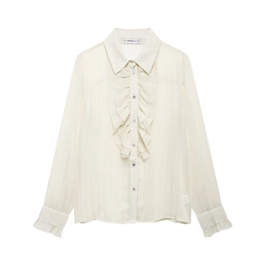 Elegant Women Long Sleeve Blouse French Romantic Ruffle Trim Lapel Button Up Polyester Semi Transparent Vertical Striped Top
