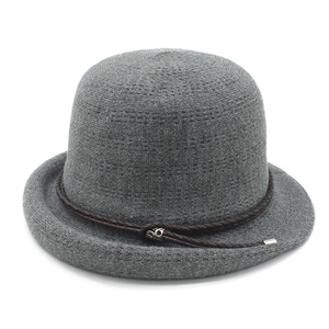 Breathable gray knitted sun hat with dark brown leather strap and metal buckle accent