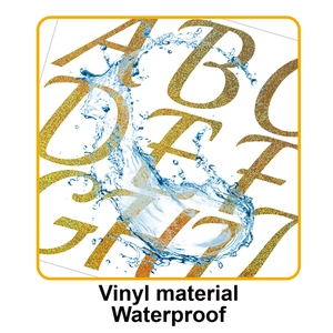 Macro shot of 3-inch gold glitter vinyl alphabet stickers showing waterproof performance