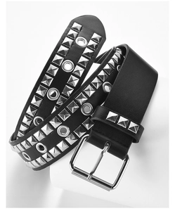 Detail view of black PU leather belt with silver square studs and metal eyelets