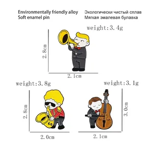 Three-piece musical group brooch set with cello, sax, and trumpet player enamel pins