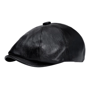 Classic black PU leather newsboy cap with textured finish and retro stitched panel design