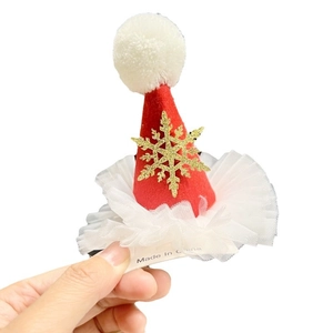Red Christmas mini hat hair clip with gold snowflake and white mesh lace for girls
