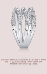 Macro detail of multi-layer crisscross S925 silver ring with pave-set moissanite stones