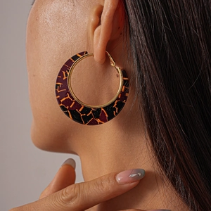 Retro resin geometric hoop earrings with gold-plated trim and vintage patterns