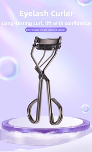 Macro shot of stainless steel eyelash curler with comb teeth and ergonomic handle