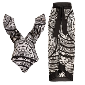 Deep V ruffle one-piece swimsuit with matching high waist tribal geometric print wrap skirt