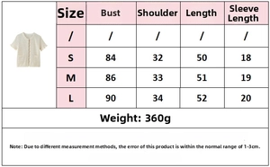 Guide des tailles détaillé pour haut en tricot avec mesures de poitrine, épaules et longueur