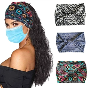 Detail of bohemian patterned headbands showing buttons for face masks and ethnic prints