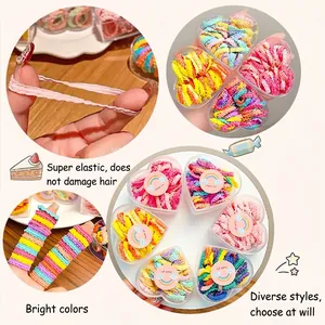 Multi-colored wavy elastic hair ties set for girls in heart-shaped storage box