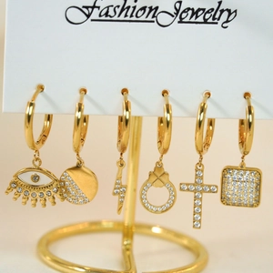 Colorful drip oil gold hoop earring set with evil eye and cross charms for women