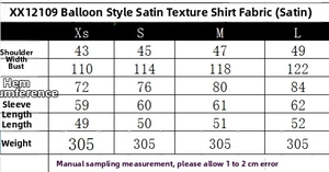 Detailed size chart for women's satin balloon blouse showing measurements in centimeters