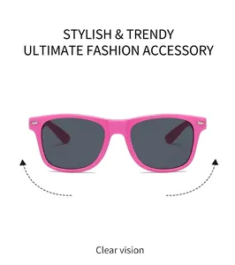 Detail of pink square frame sunglasses with silver rivets and dark gray lenses