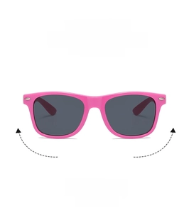 Detail of pink square frame sunglasses with silver rivets and dark gray lenses