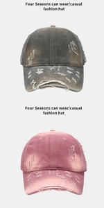 Detail view of vintage washed baseball caps with distressed holes and worn-out texture