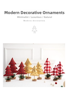 Detailed view of mini Christmas trees with plaid patterns and gold sequins on wood bases