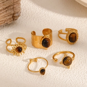 Bague Ouverte Oeil De Tigre Acier Inoxydable Plaque Or Bohème Vintage Bijoux Réglables Pour Femmes Accessoire Mode