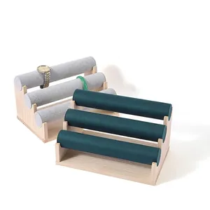 Three-tier bamboo and velvet watch stand for jewelry and bracelet display