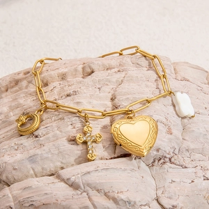 18K gold plated stainless steel bracelet with pearl heart and crescent moon charms