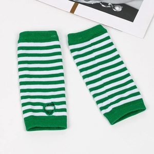 Detail of green and white striped knitted arm sleeves with thumb hole and ribbed cuffs