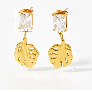 Detail showing leaf drop earring dimensions with zircon stud and hollow monstera pendant