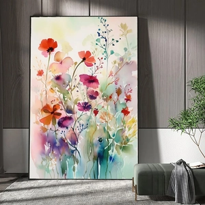 Modern watercolor floral bouquet canvas painting with black frame for living room decor