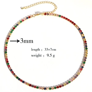 Detail view of 3mm rainbow zircon tennis necklace with gold plated chain and droplets