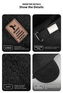 Close-up of gray wool winter hat featuring a leather logo patch and adjustable metal buckle