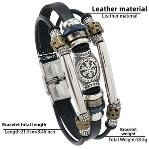 Detail view of Viking compass leather bracelet with skull beads and 1.5cm width specs