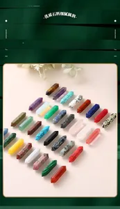 Close-up of assorted natural crystal double terminated hexagonal prisms in various colors