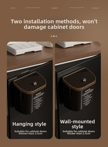 Detail showing hanging and wall-mounted kitchen bin with wood grain accent and metal handle