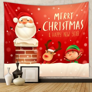 Close-up of a festive Christmas wall tapestry with Santa and reindeer on a red background