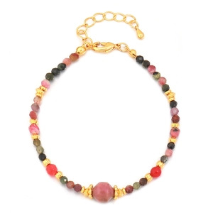 Handmade natural stone beaded bracelet with gold accents and adjustable lobster clasp
